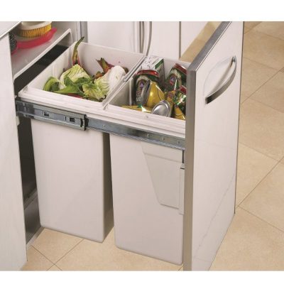 Soft Close Door Pull Waste Bin In White Plastic. Size: 40Lt. 340mm W X 430mm H X 490mm D